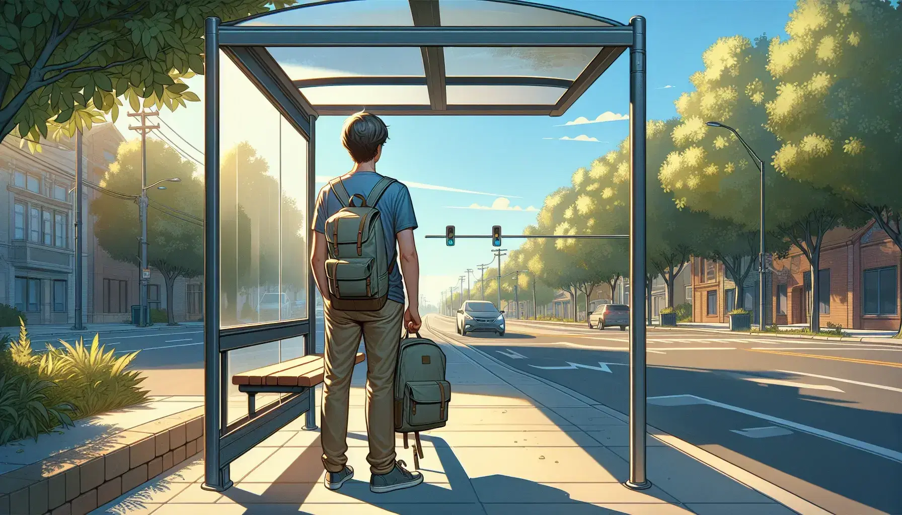 Person waiting at a bus stop with a backpack, dressed in blue t-shirt and khaki pants, under a clear blue sky with green trees in the background.