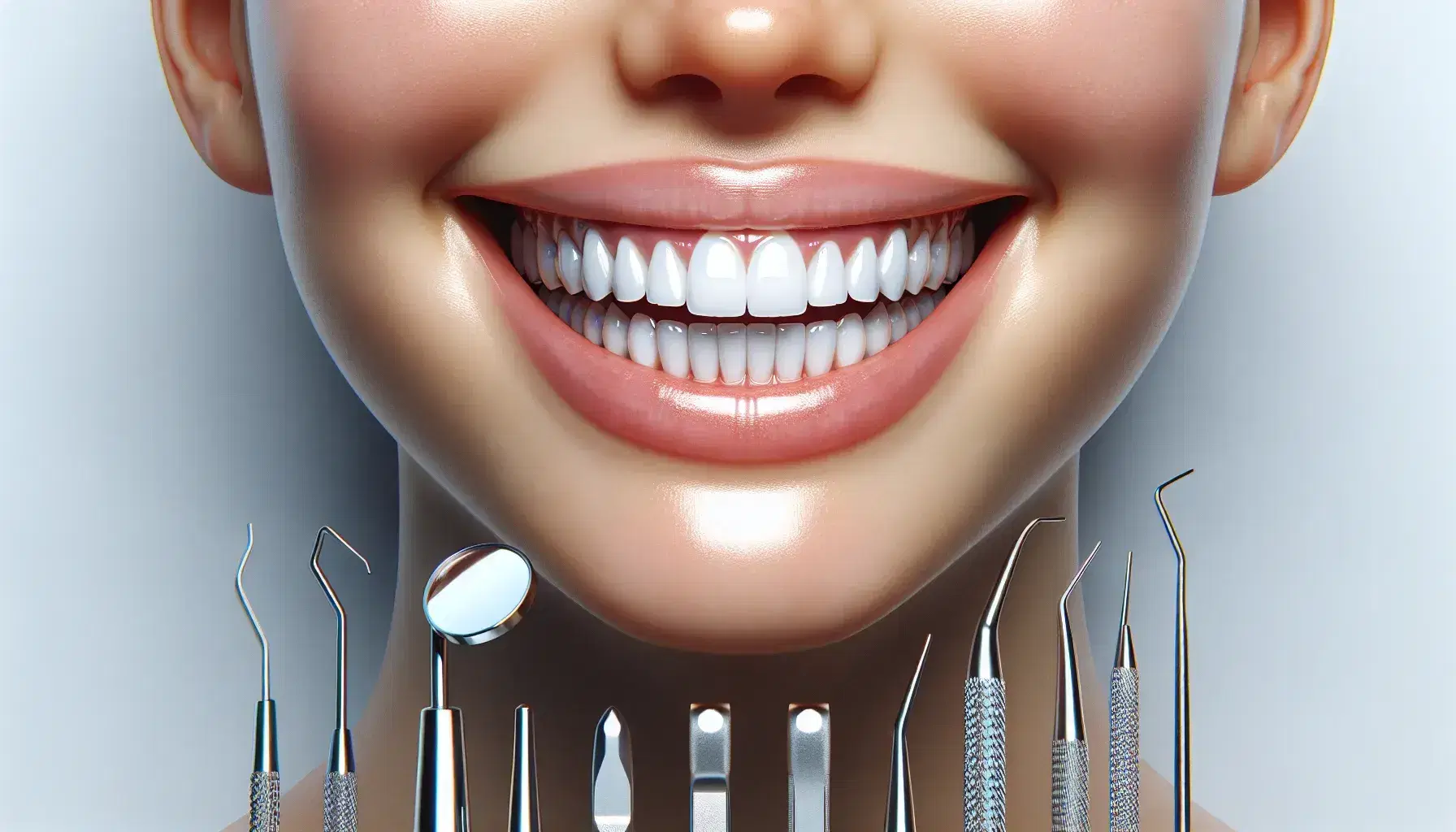 Sonrisa radiante con dientes blancos y alineados, encías rosadas saludables y sin inflamación, rodeada de instrumentos dentales metálicos en fondo claro.