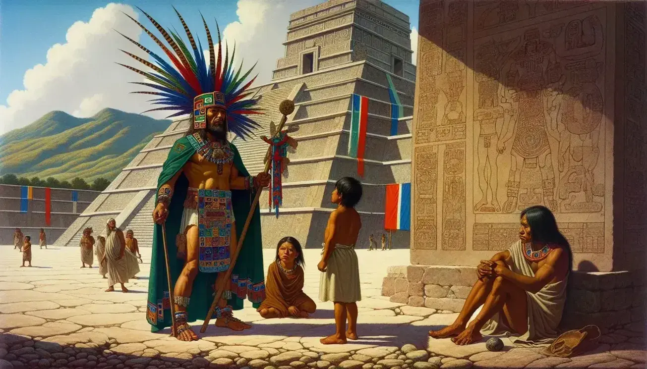 Recreación artística de la vida azteca con hombre en atuendo tradicional y tocado de plumas, niños y templo piramidal al fondo bajo cielo azul.