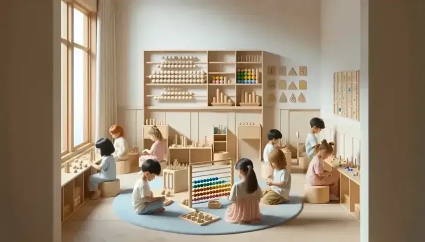 Aula luminosa con niños en actividades educativas, niña apilando bloques geométricos, niño con ábaco, estantes con materiales didácticos y luz natural.