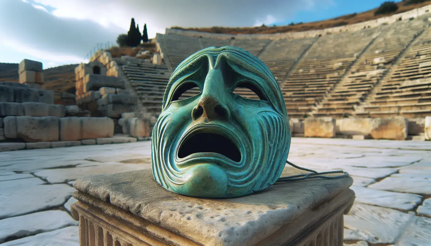 Maschera teatrale greca antica in bronzo su piedistallo di pietra, con teatro greco sfocato e ramo d'olivo in primo piano.