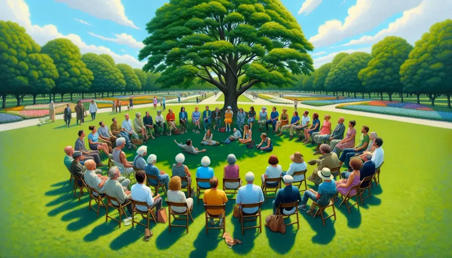 Gruppo multietnico seduto in cerchio in un parco, conversando pacificamente sotto l'ombra di un albero rigoglioso, circondati da prati verdi e fiori colorati.