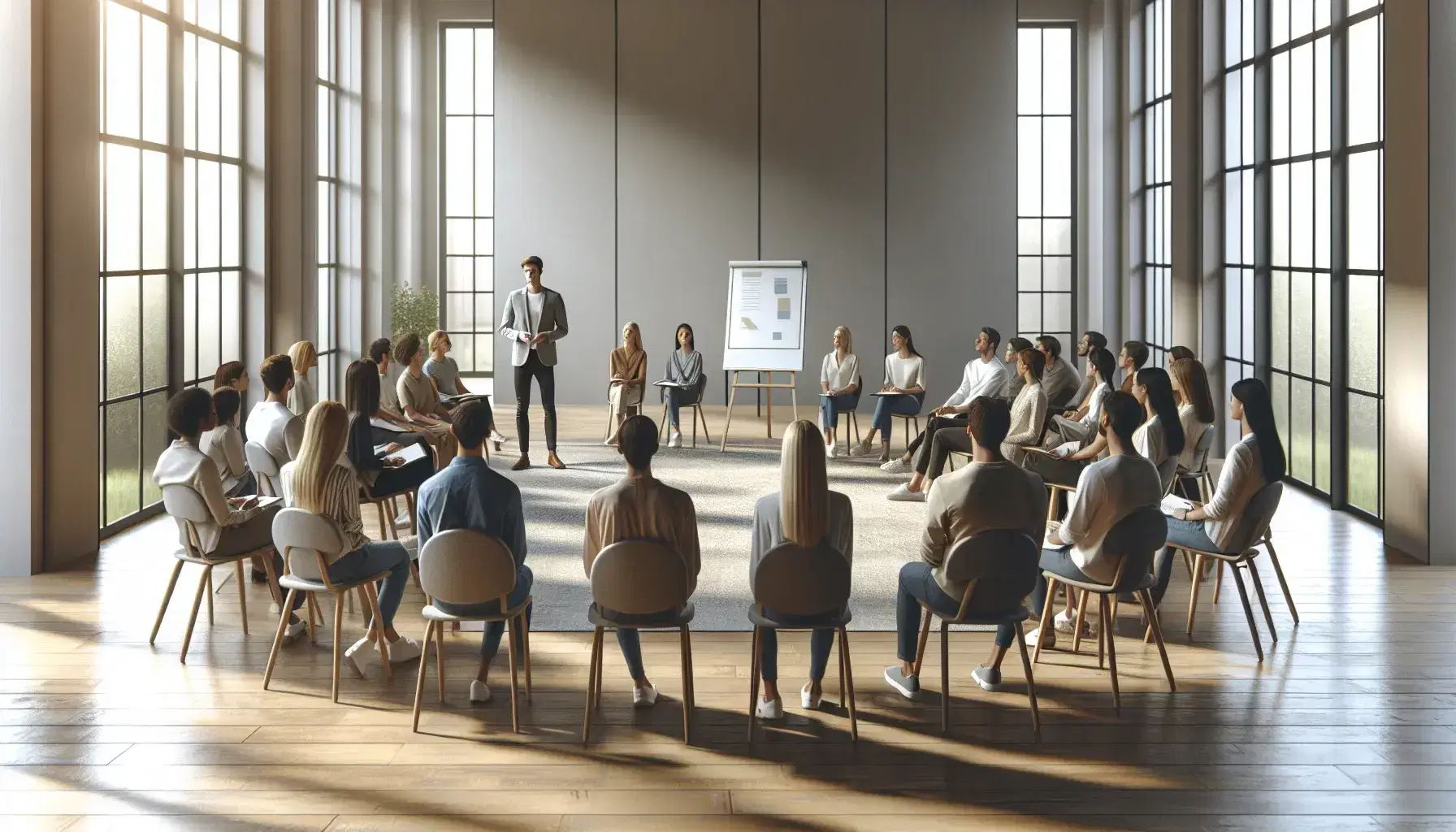 Grupo diverso de adultos atentos en formación semicircular con una persona de pie presentando frente a pizarra blanca en sala iluminada naturalmente.