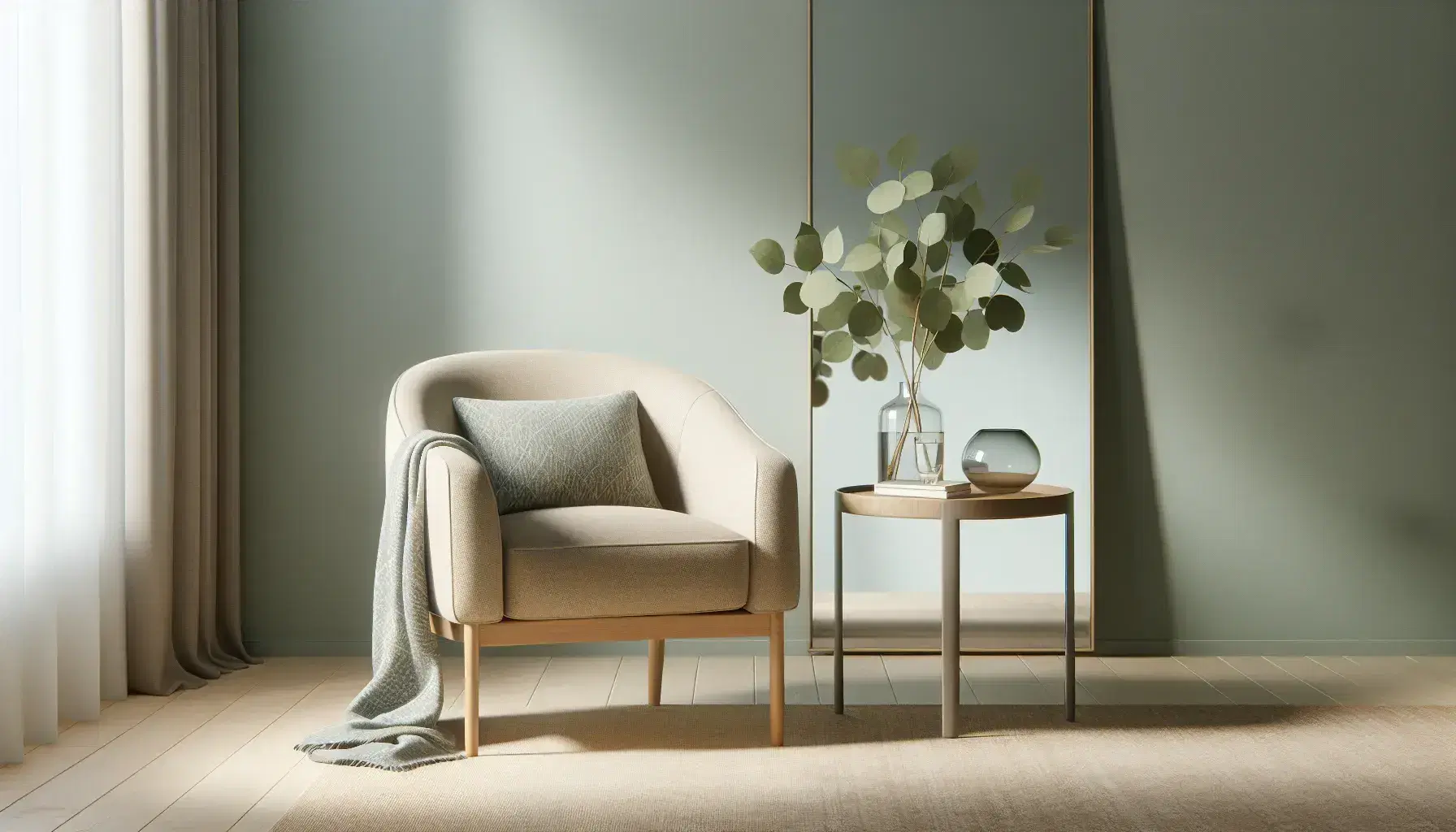 Serene therapy room with comfortable beige armchair, wooden table, vase with green plants, light blue woven blanket and large mirror.