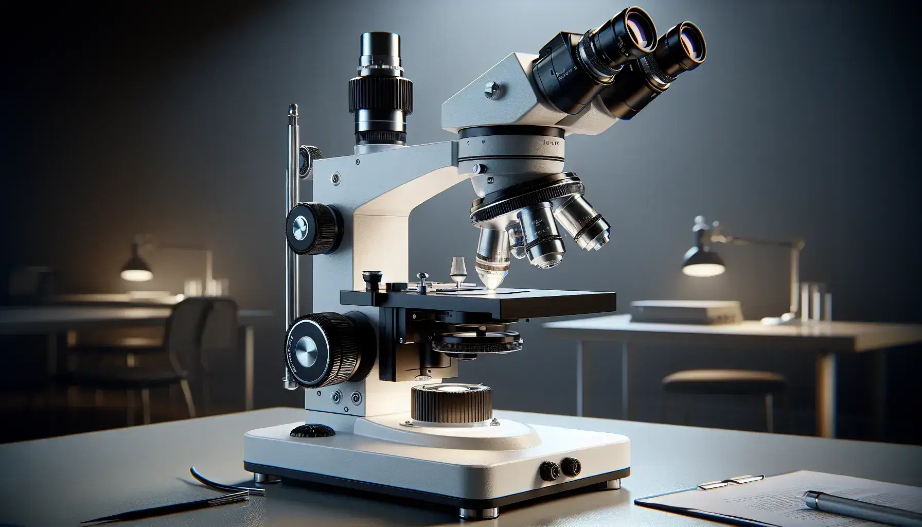 Microscopio óptico de laboratorio moderno con oculares negros, objetivos metálicos y plataforma con pinzas, en un entorno de laboratorio desenfocado.