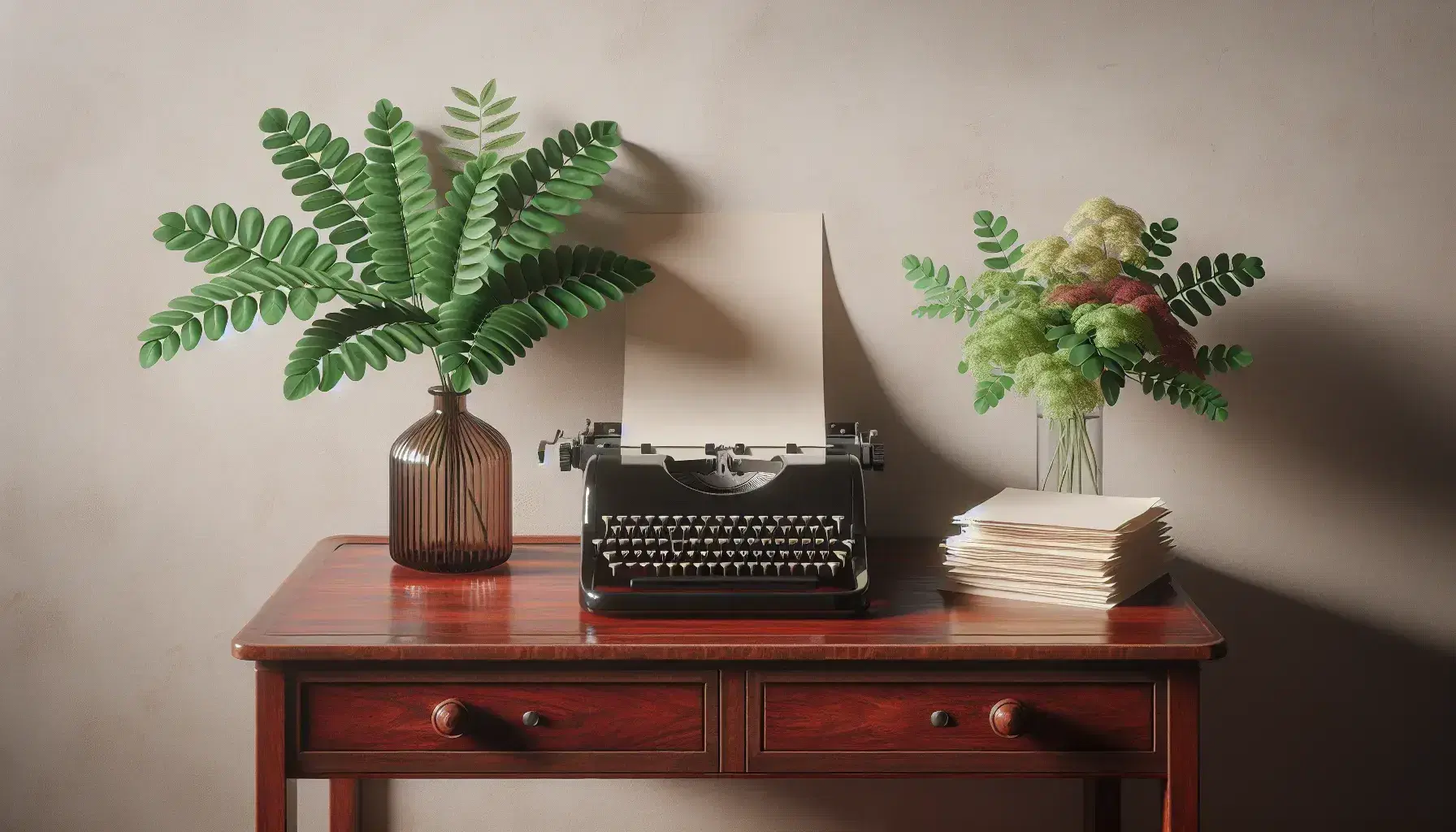 Vintage mahogany desk with black typewriter, blank paper stack, terracotta potted plant, and colorful flowers in a glass vase, set against a neutral wall.