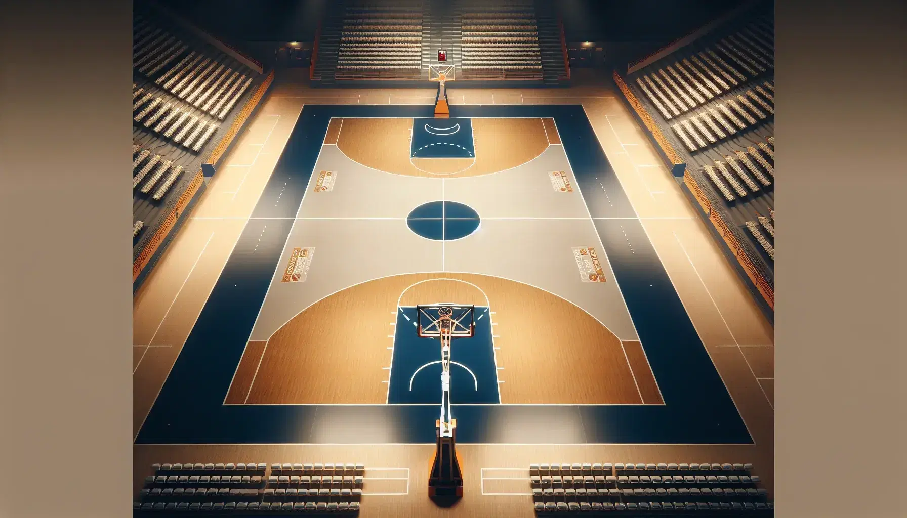 Cancha de baloncesto con superficie de madera clara, líneas blancas, aros naranjas y graderíos vacíos en un espacio cerrado e iluminado artificialmente.