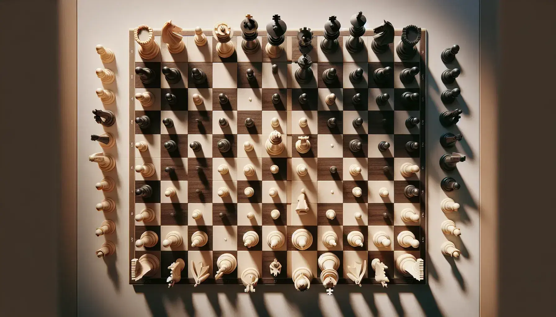 Chessboard with a strategic move placing the white queen in a dominant position, threatening black knight, bishop, and pawns, with both kings in defensive postures.