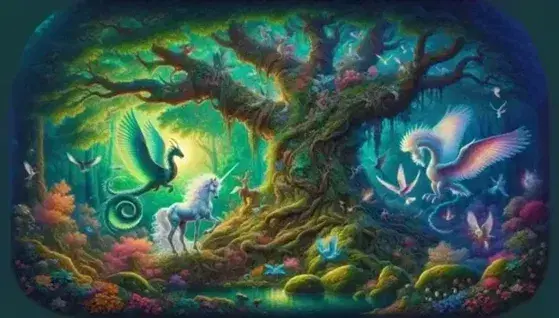 Foresta incantata con albero maestoso, drago iridescente, unicorno bianco, uccelli fantastici e folletto su fungo.