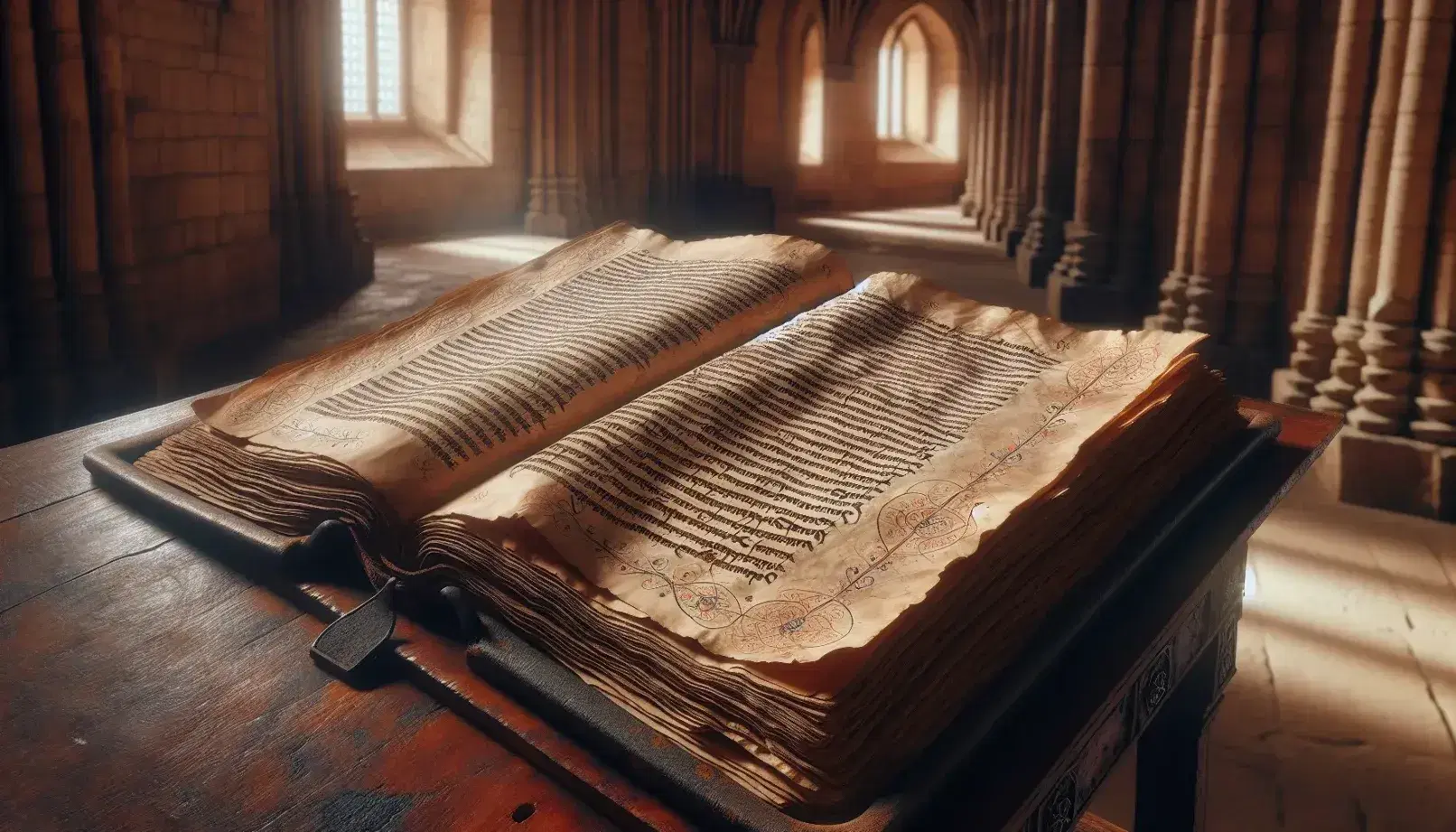 Manoscritto antico su leggio in legno scuro con pagine ingiallite e testo manoscritto medievale, decorazioni marginali e sfondo sfocato di muro in pietra.