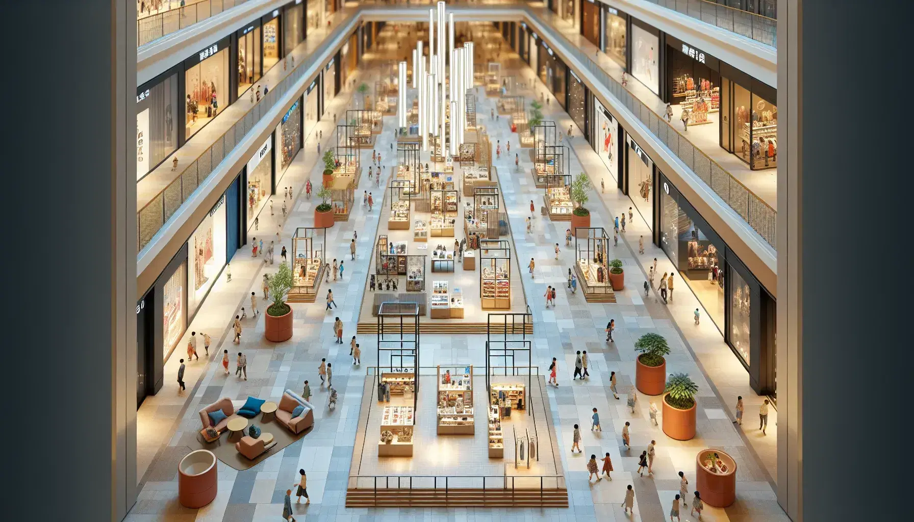 Vista aérea de un centro comercial concurrido con pasillo central, tiendas con vitrinas de cristal, islas de exhibición, bancos y plantas en macetas.