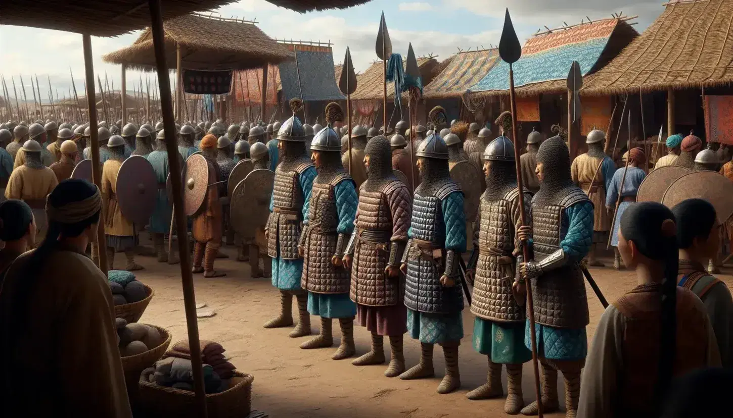 Reconstructed Songhay Empire scene with warriors in indigo armor, bustling market stalls, a mud-brick mosque, and boats on the Niger River.
