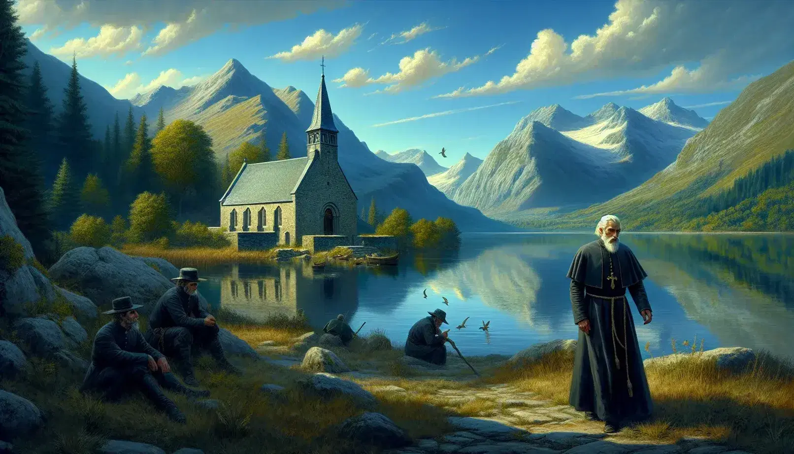 Scena pastorale con chiesa romanica e sacerdote inquieto sul lago, montagne riflesse nell'acqua, uomini minacciosi in attesa.