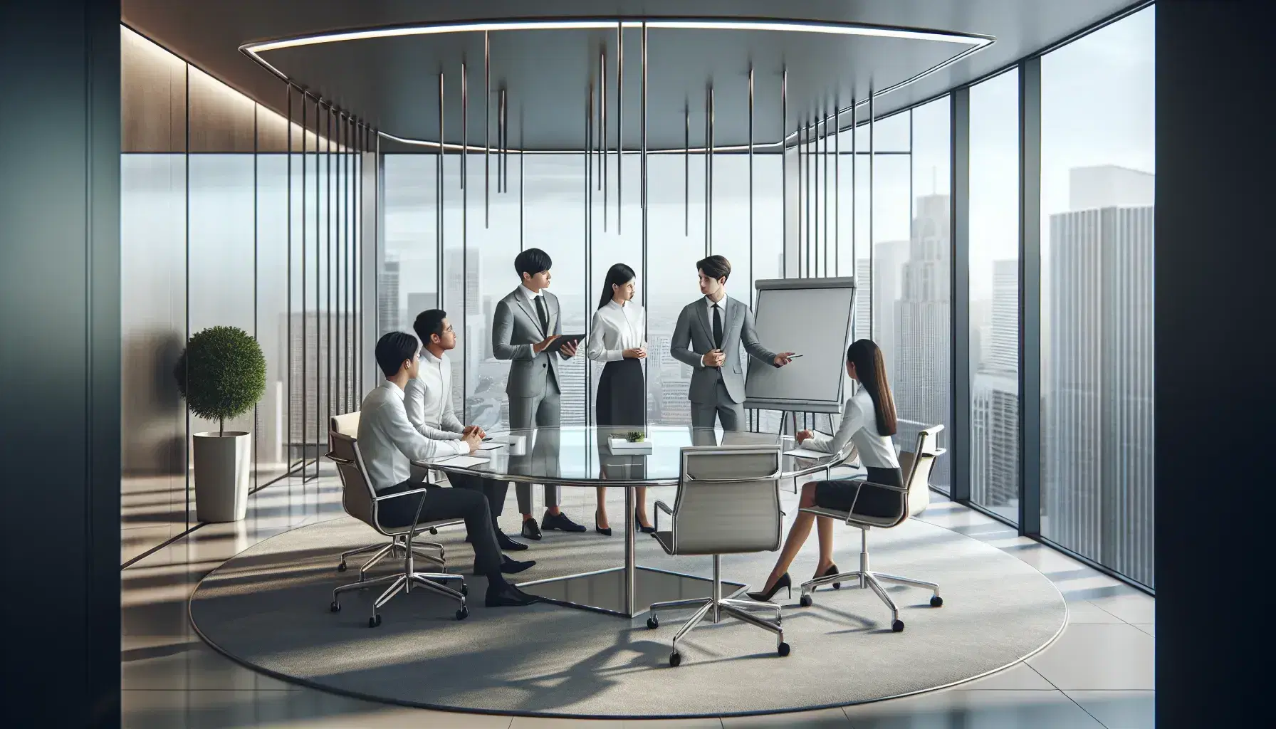 Diverse team of professionals in a modern office discussing strategy around a glass table, with a city view through a large window.