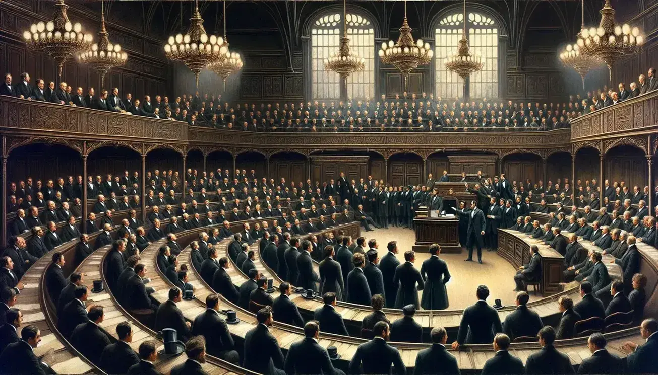 Scena animata all'interno dell'Assemblea Nazionale Francese durante la Terza Repubblica, con uomini in abiti formali seduti su banchi in legno e un oratore al leggio.