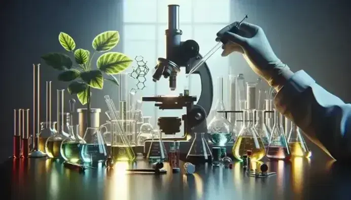 Science laboratory with workbench, glassware with colored liquids, microscope, green plant and gloved hands using pipette.