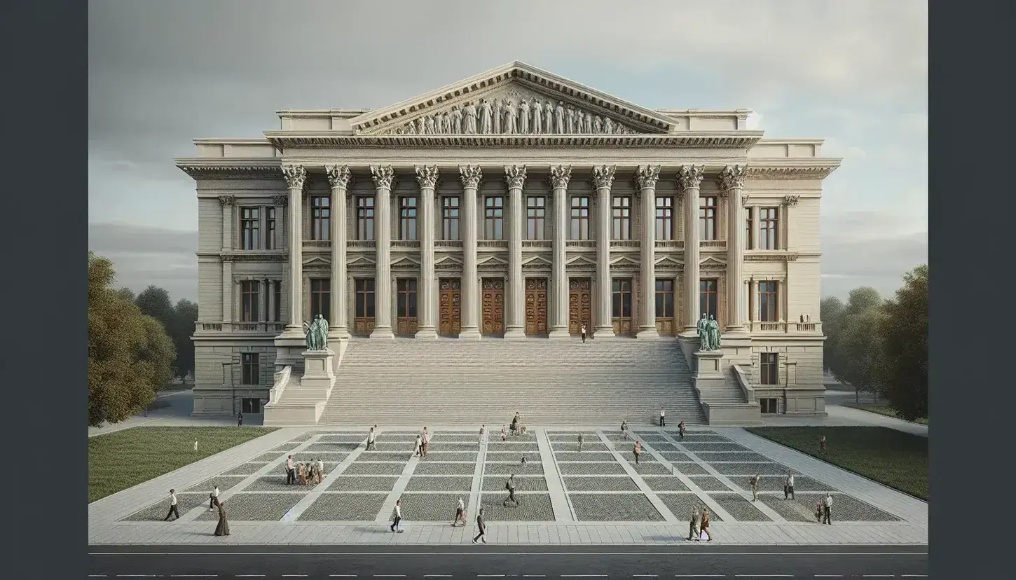 Edificio neoclásico con escalinata frontal, columnas corintias y relieve en el frontón, rodeado de áreas verdes y personas caminando en plaza adoquinada bajo cielo azul.