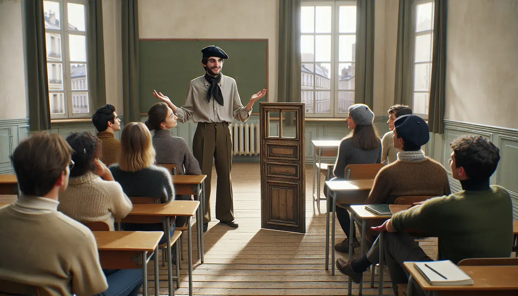Diverse group of students in a classroom engaging with a teacher beside a wooden door prop, one in a beret participates in role-play.