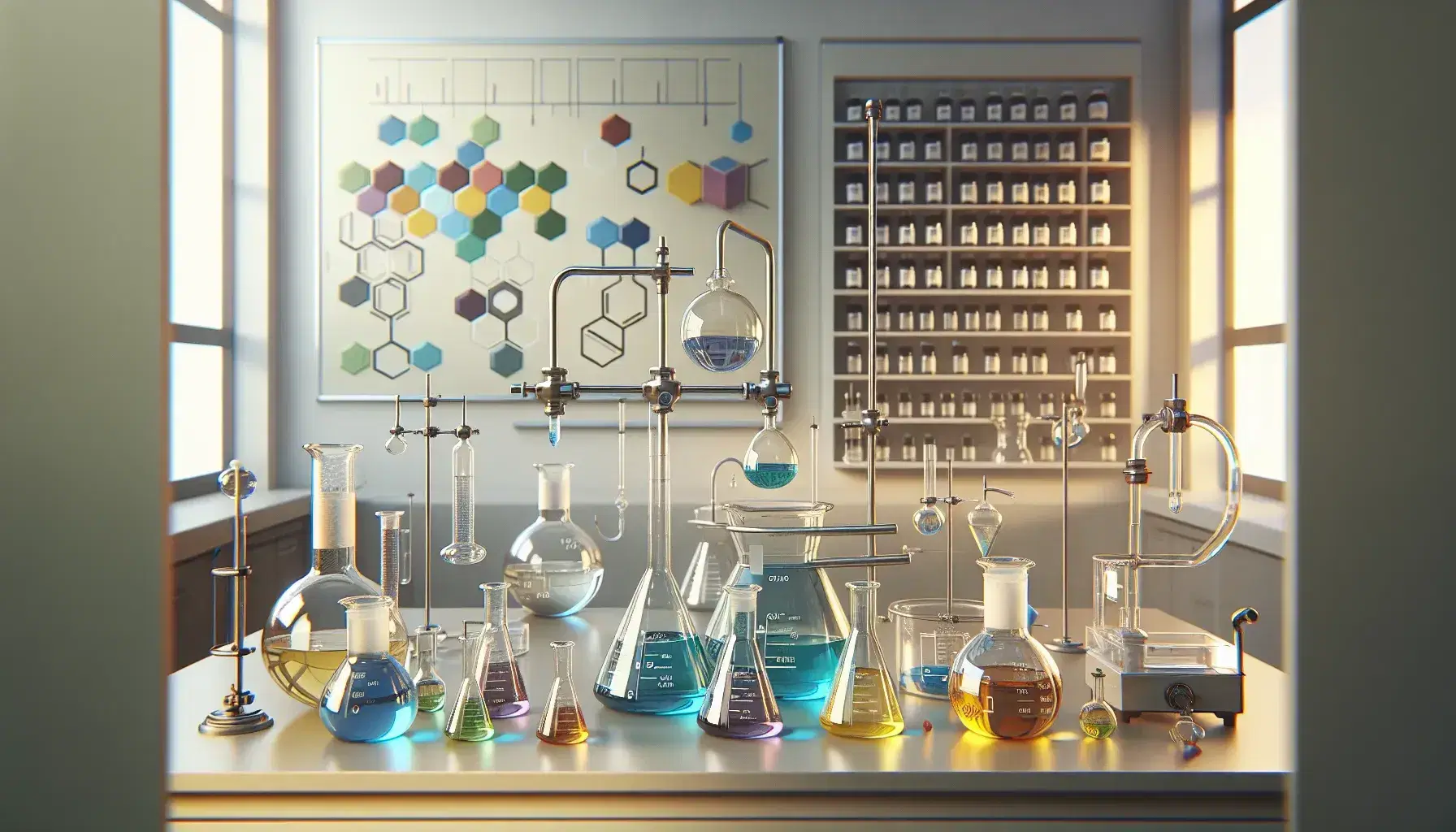Laboratorio de química con matraces Erlenmeyer de líquidos coloridos, embudo de separación, quemador Bunsen y balanza analítica.