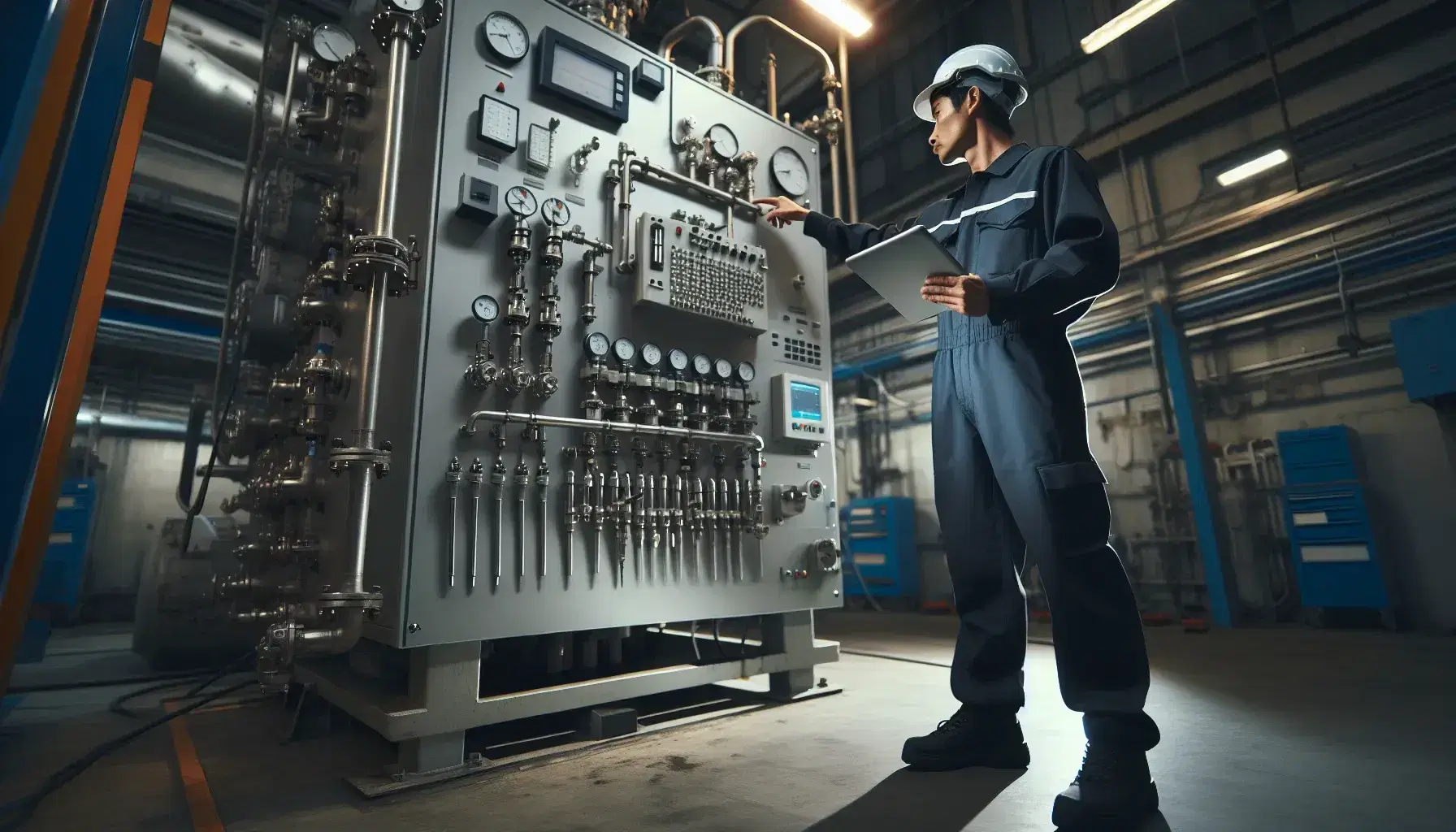 Técnico de mantenimiento inspeccionando maquinaria industrial con tablet en mano, casco de seguridad y uniforme azul, frente a panel de herramientas.