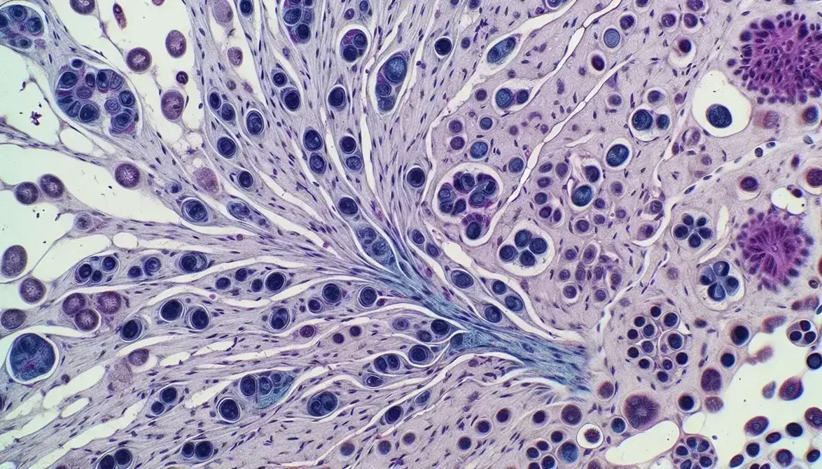 Vista microscópica de tejido neuronal con células gliales destacadas por tinción, mostrando células con extensiones ramificadas y microglía en tonos suaves de azul y púrpura.