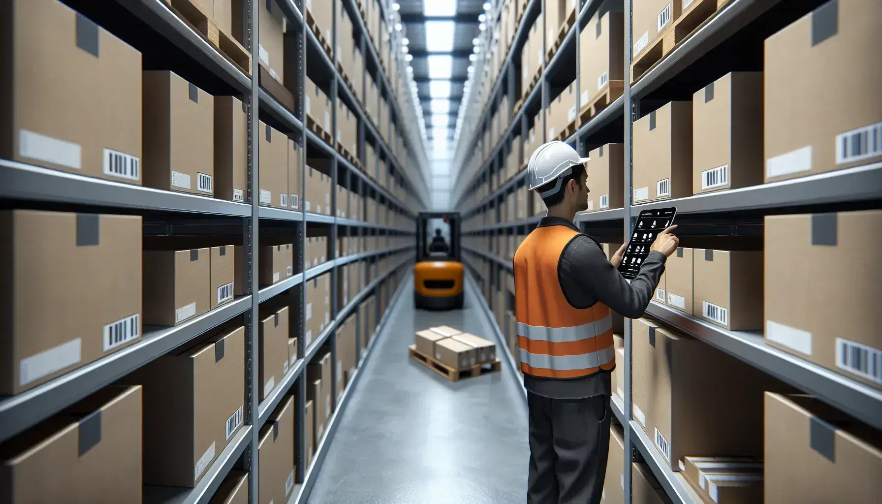 Trabajador con chaleco reflectante y casco de seguridad utilizando una tableta electrónica en un almacén iluminado con estanterías metálicas cargadas de cajas de cartón, mientras otro opera una carretilla elevadora amarilla.