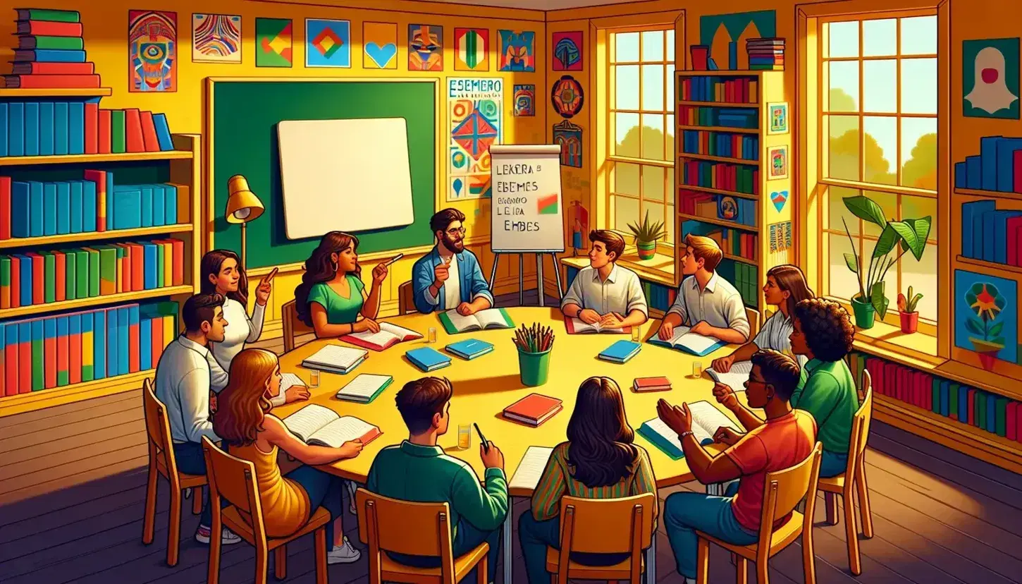 Diverse students engage in Spanish class discussion around a table, with a teacher by a whiteboard, in a sunny room adorned with colorful posters and books.