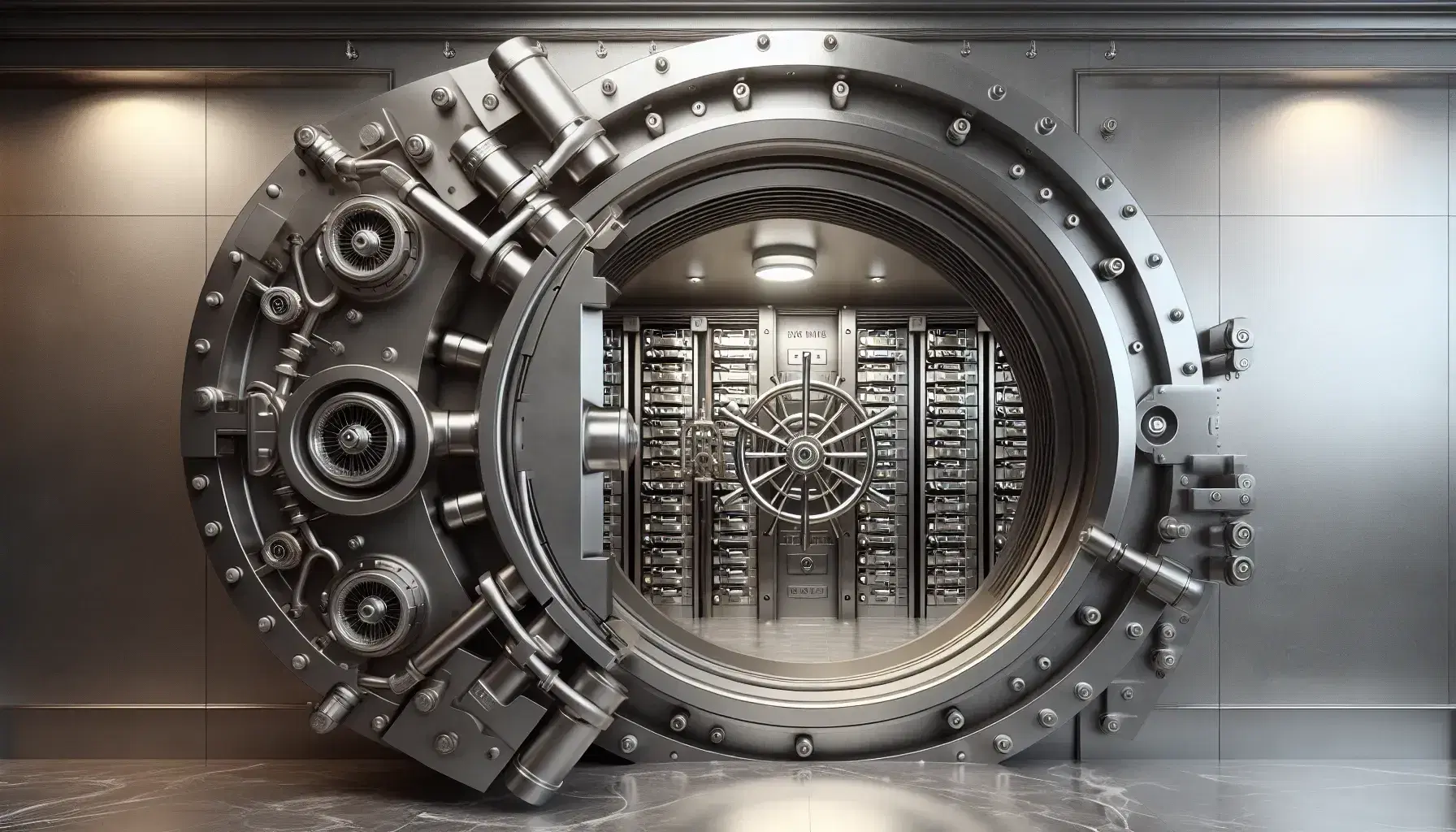Half-open bank safe door showing interior safes, with complex locking mechanism and gray marble floor.