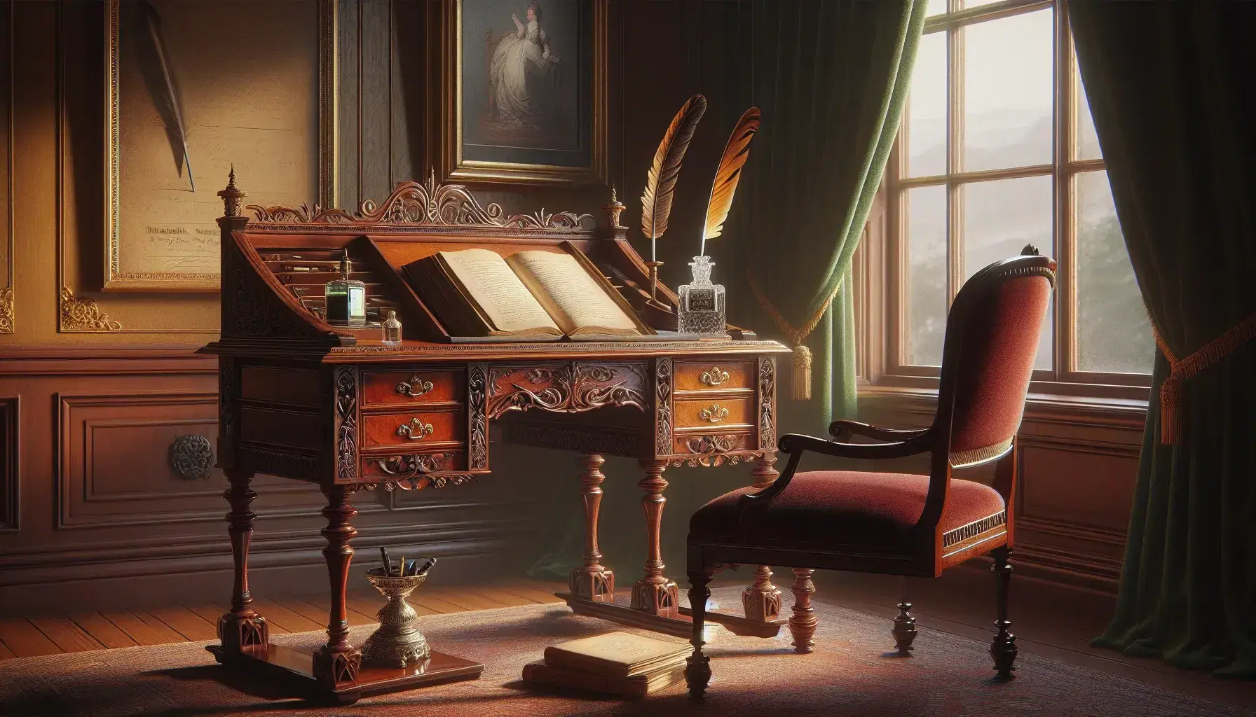 Victorian writing desk with carved mahogany wood, open aged book, quill pen in silver inkwell, and leather journal in a warmly lit room with a portrait and Persian rug.