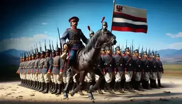 Grupo de figuras en uniformes militares vintage con jinete a caballo y bandera ondeante en terreno montañoso bajo cielo azul.