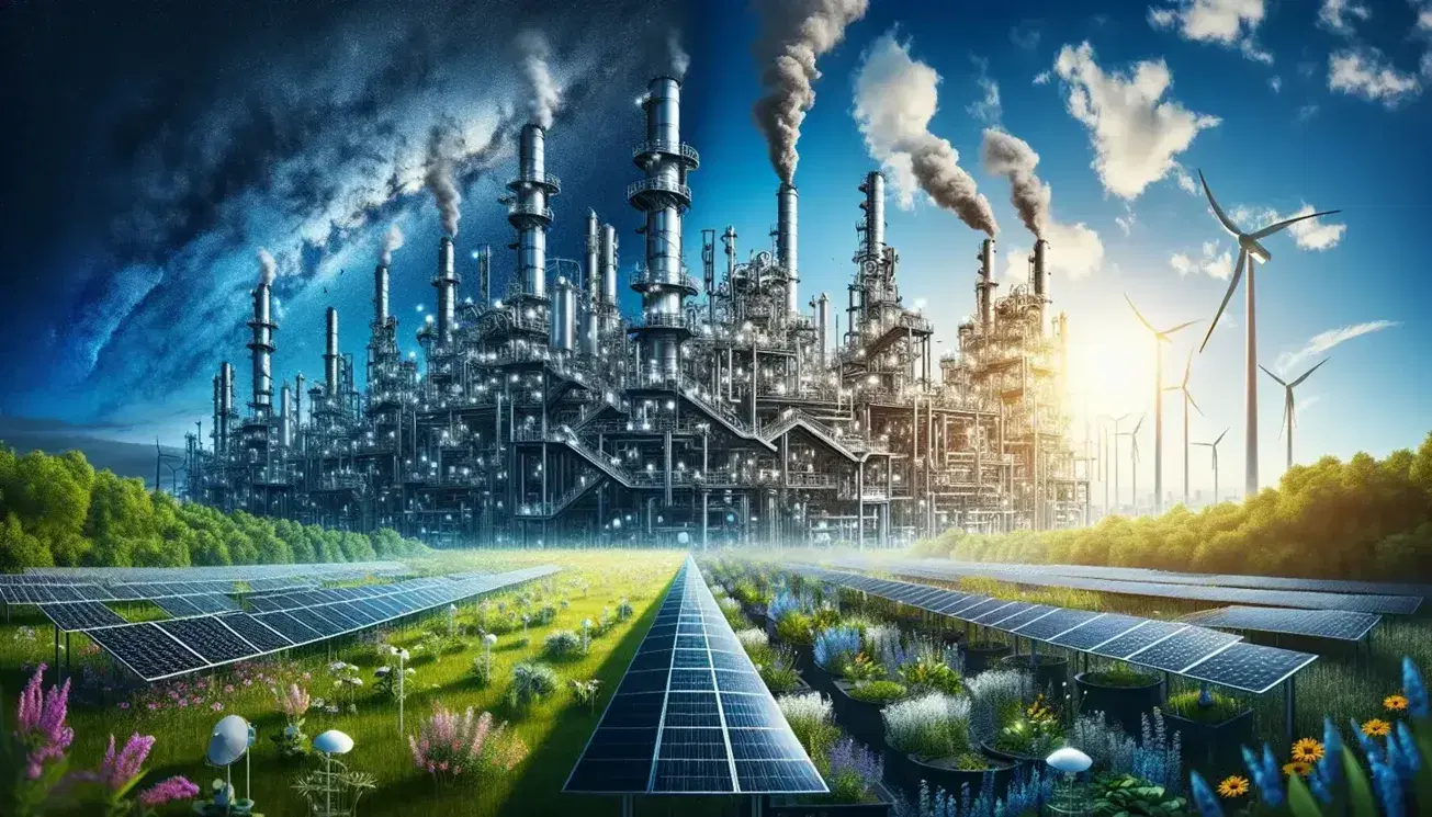 Paesaggio industriale con torri di raffineria e fumo che si fonde nel cielo azzurro, contrastato da prato verde con pannelli solari e turbine eoliche.