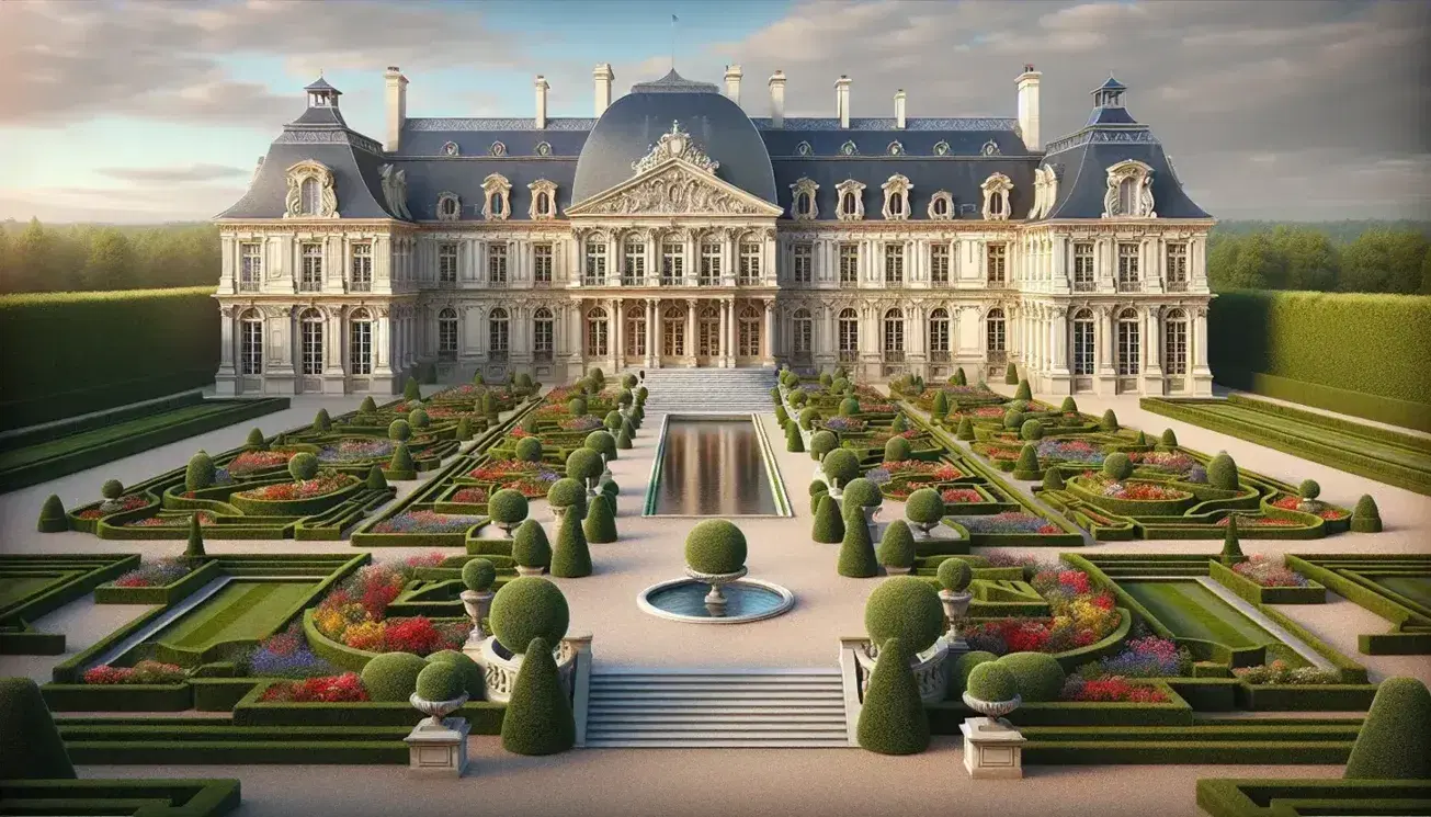 17th-century French Baroque palace with symmetrical architecture, cream facade, decorative dormers, grand staircase, manicured gardens, and a central reflecting pool.