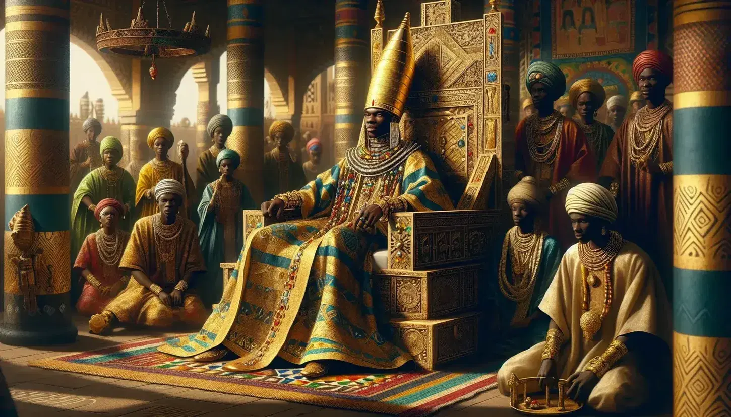 Mali Empire golden age scene with a regal figure on an ornate throne, surrounded by courtiers in traditional robes, against a backdrop of a grand adobe palace.