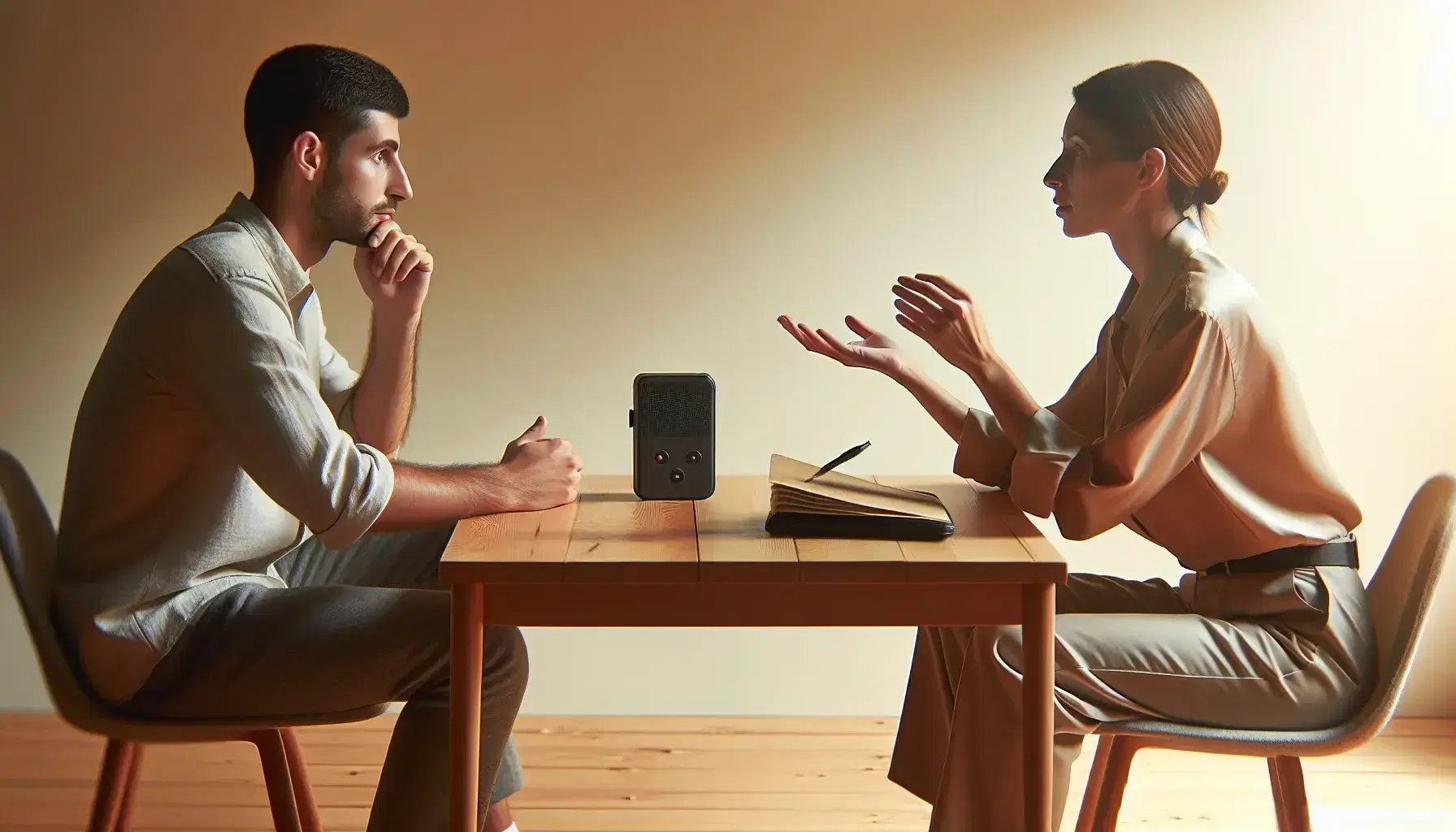 Dos personas en una entrevista, una escuchando atentamente y la otra gesticulando, con grabadora y cuaderno sobre mesa de madera en ambiente sereno.