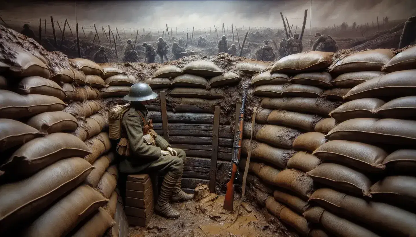 Soldato in uniforme della prima guerra mondiale appoggiato a fucile con baionetta in trincea fangosa, paesaggio devastato sullo sfondo.