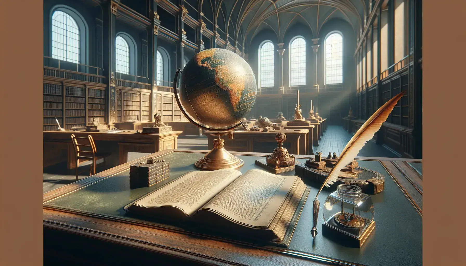 Spacious room with arched windows, a large wooden table with an open book, quill pen, inkwell, globe, and a human skull, surrounded by book-filled shelves.