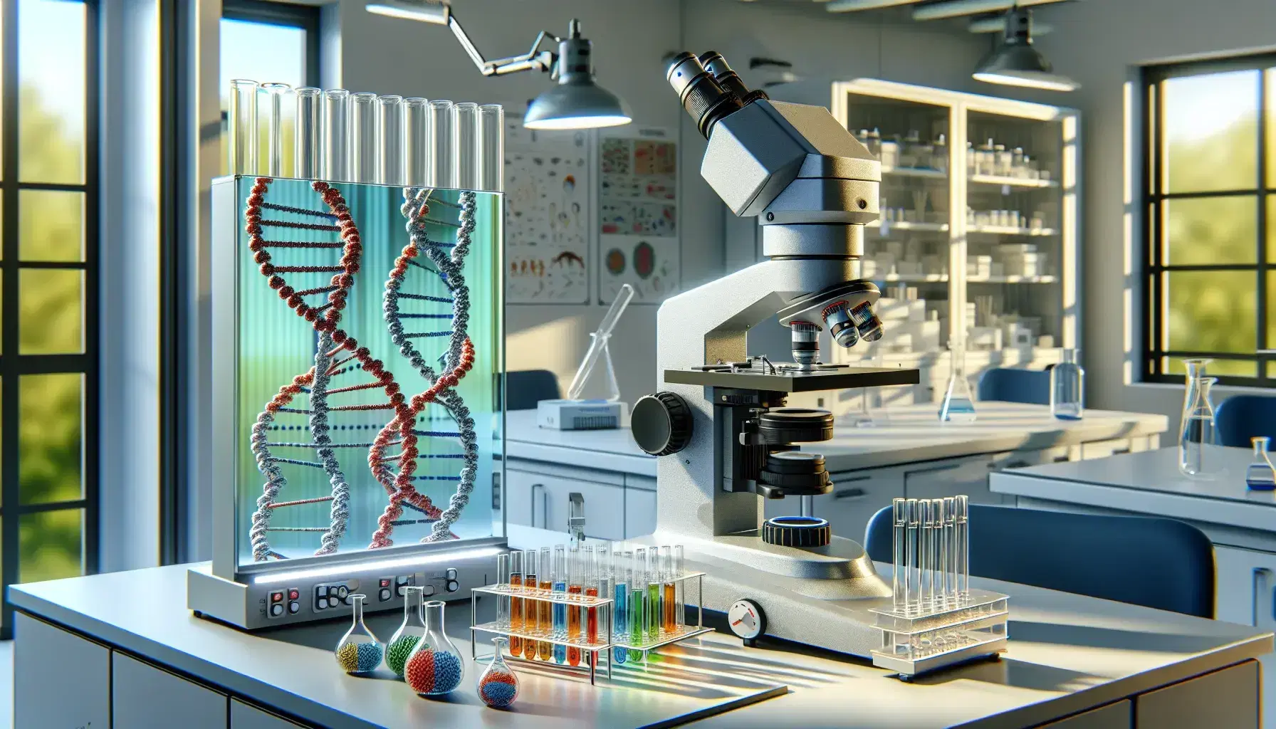 Laboratorio scientifico moderno con microscopio elettronico, vetrini trasparenti, provette colorate e modello di DNA a doppia elica.