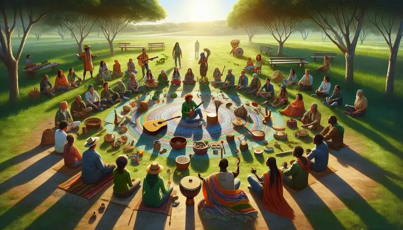 Grupo diverso de personas en círculo en un parque participando en un intercambio cultural con instrumentos musicales y utensilios tradicionales rodeados de naturaleza.