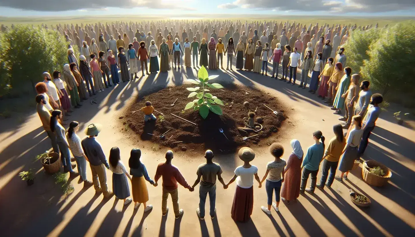 Grupo diverso de personas unidas alrededor de una joven planta bajo la luz del sol, simbolizando cuidado y unidad en un espacio abierto con cielo azul.
