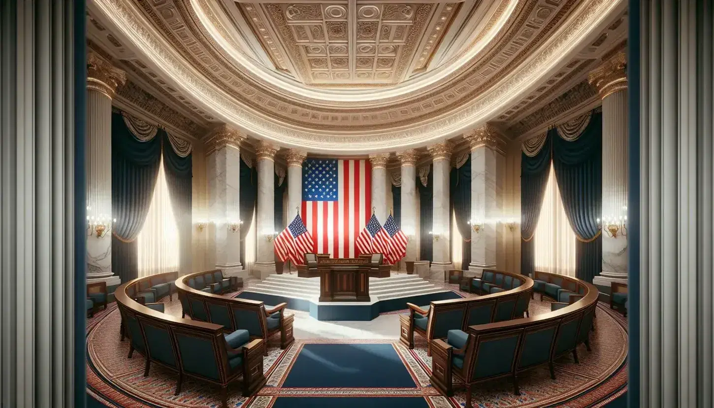 Majestic government building interior with a dark wood podium, vibrant red, white, and blue flag backdrop, semicircular blue seats, and crystal chandeliers.