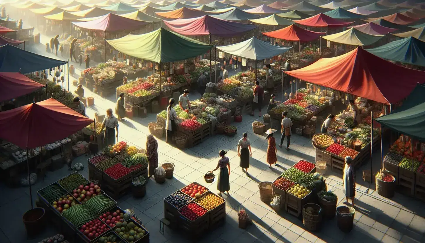 Mercado al aire libre con puestos de frutas y verduras frescas, vendedores atendiendo clientes y personas comprando bajo toldos coloridos en un día soleado.