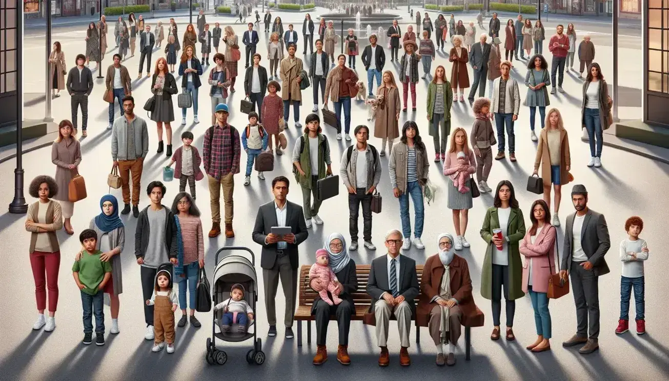 Diverse group of people in a park with clear skies, including a woman with a toddler, elderly man on bench, teens, businessman, and families with a dog and stroller.