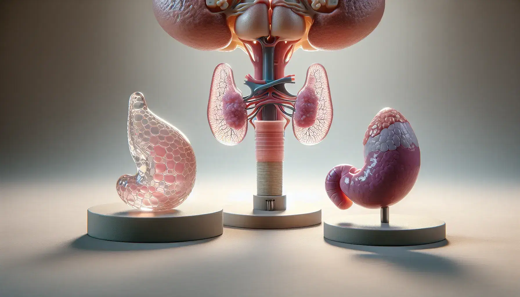 Modelli anatomici di ghiandola tiroidea trasparente, pancreas sezionato e ovaio rosa su sfondo neutro.