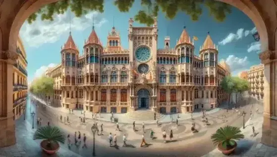 Vista panorámica del Palau de la Generalitat en Valencia, con estilo gótico y fachada de arenisca, rodeado de peatones en una plaza adoquinada bajo un cielo azul intenso.