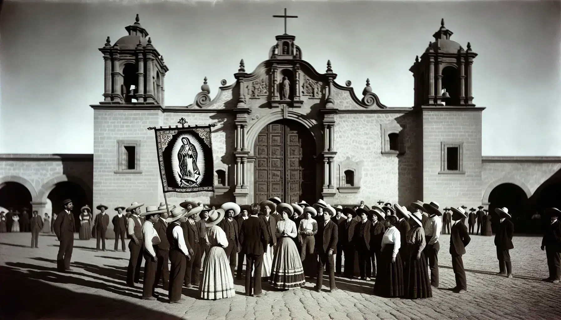 Grupo de adultos con vestimenta de los años 20 en México frente a iglesia colonial, hombre en centro sostiene estandarte de la Virgen de Guadalupe, cielo despejado.