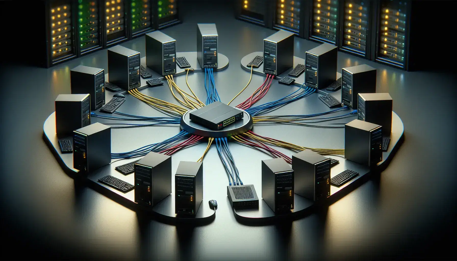 Modern computer network connected with colorful Ethernet cables to a central router on a table, blurred background of servers with LED lights.