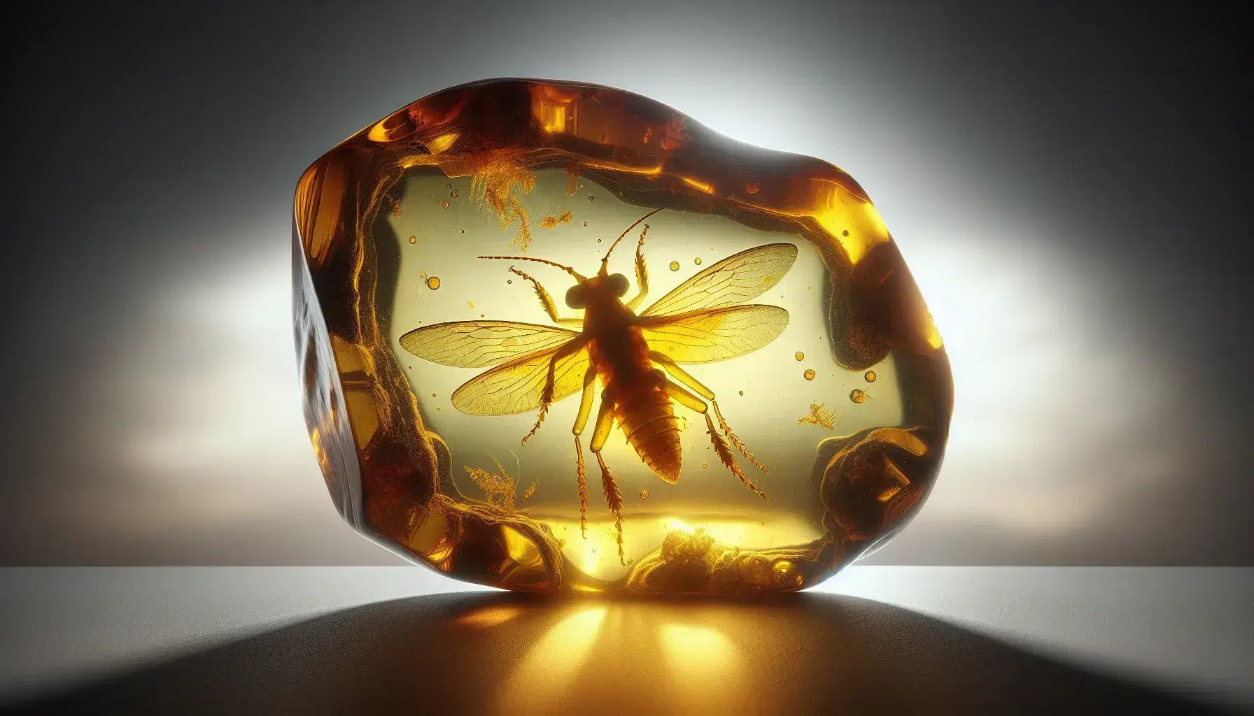 Fossile di insetto perfettamente conservato in ambra giallo dorato traslucida, con dettagli di antenne e zampe visibili, su sfondo neutro sfocato.