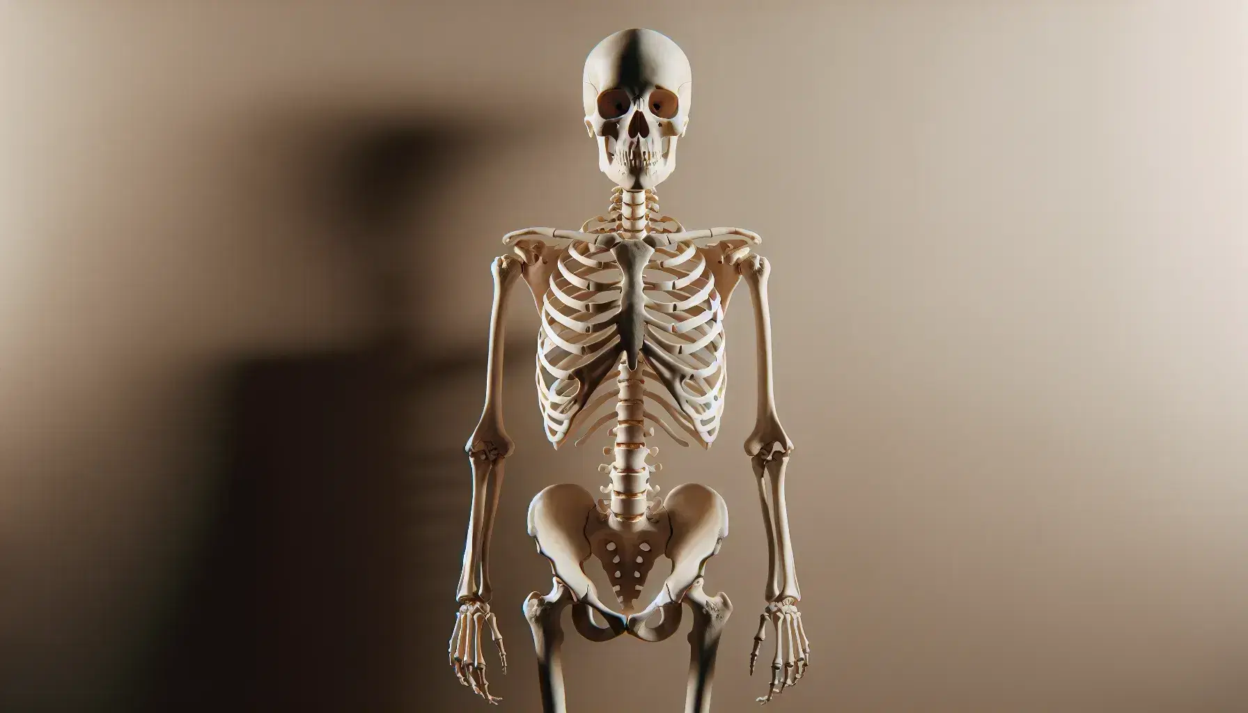 Esqueleto humano completo de pie con fondo neutro, mostrando detalles de las articulaciones y la estructura ósea con iluminación suave que resalta la textura de los huesos.