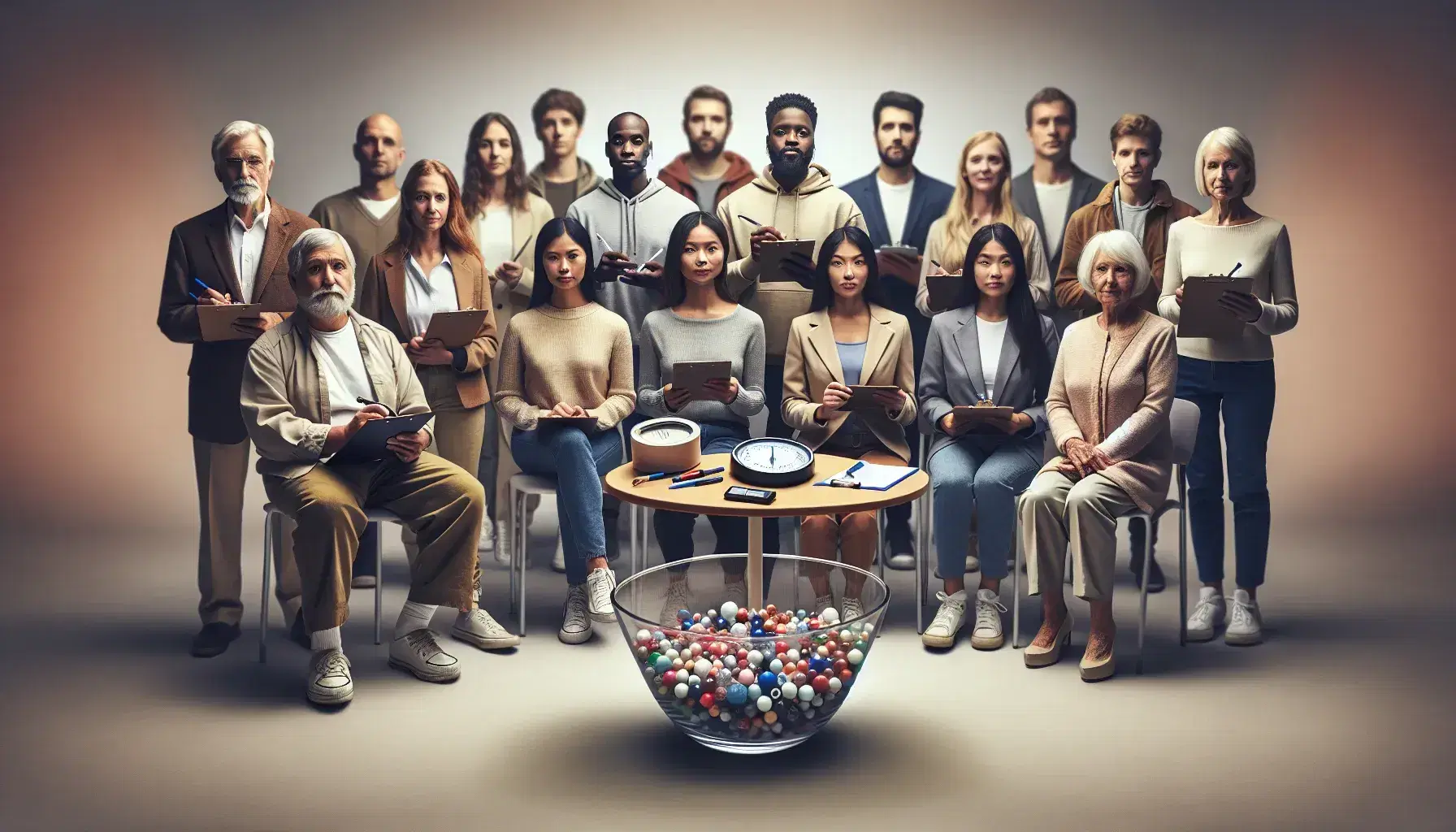 Multi-ethnic group of people with data collection tools such as tablets and questionnaires around a table with bowl of colored marbles.