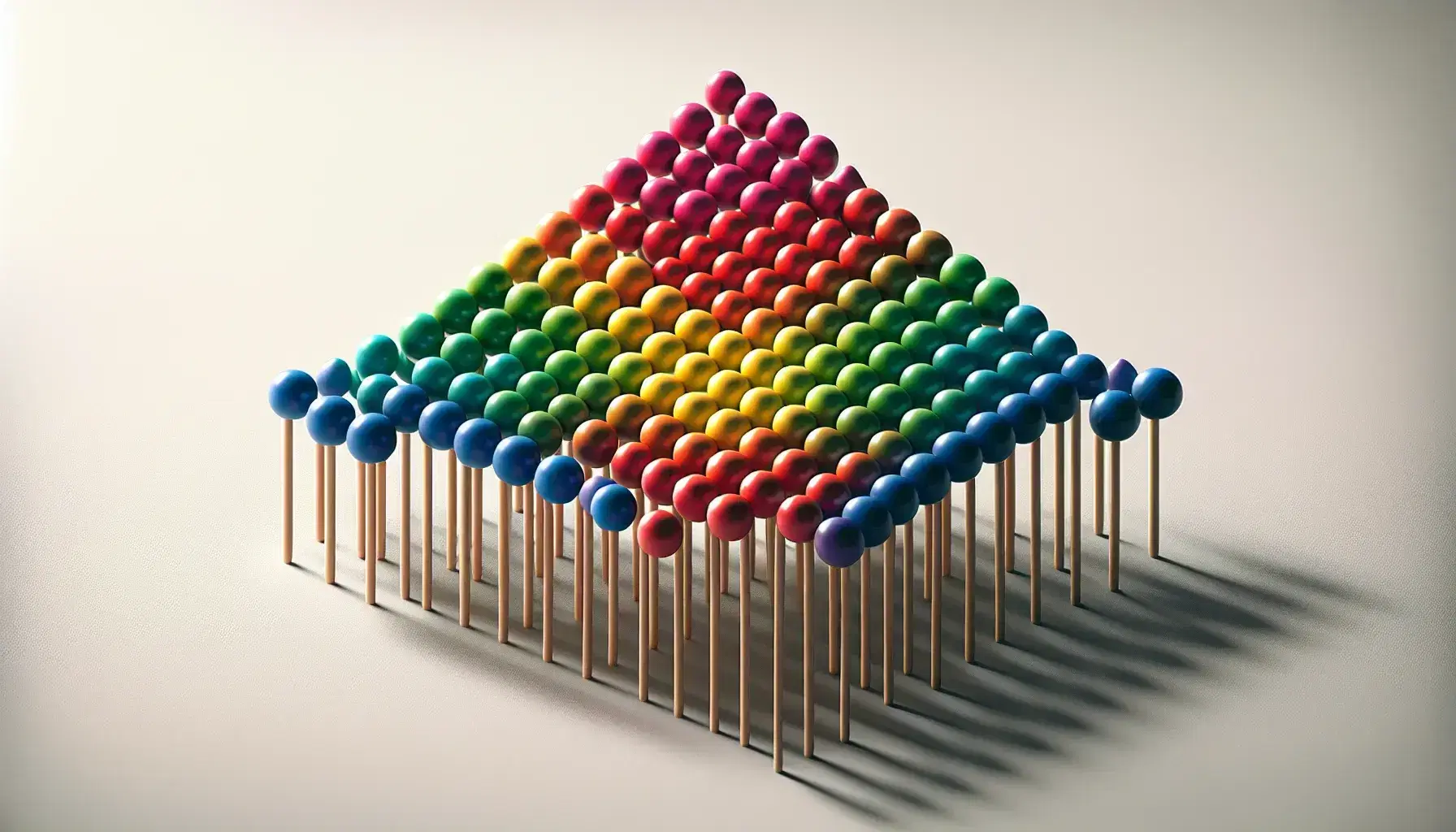 Esferas de colores formando un triángulo sobre superficie blanca mate con varillas de madera y más esferas alineadas debajo, sin textos ni símbolos.